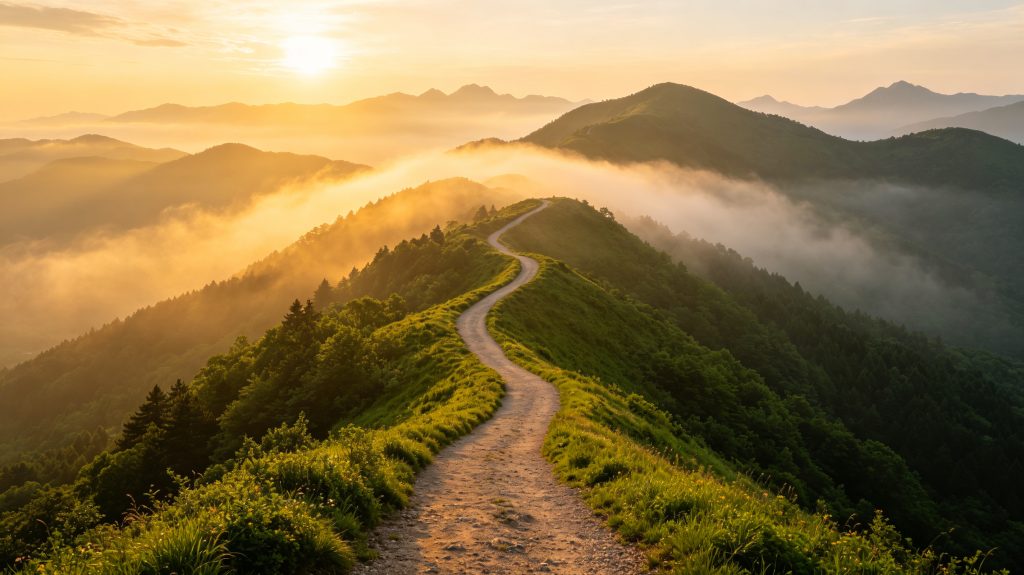 一条延伸向远方的山间小径，晨光熹微，象征成长是一场有方向的旅程