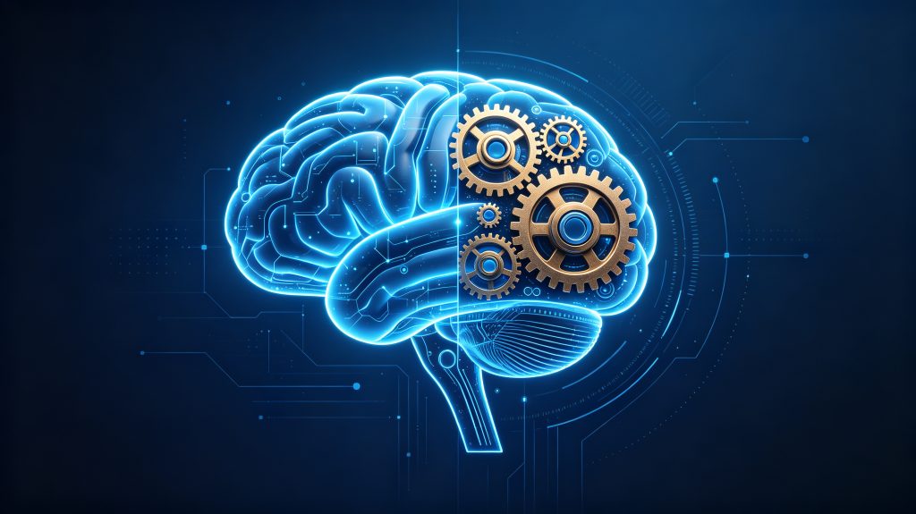 AI Agent与自动化概念封面图 - 发光的数字大脑与精密齿轮融合