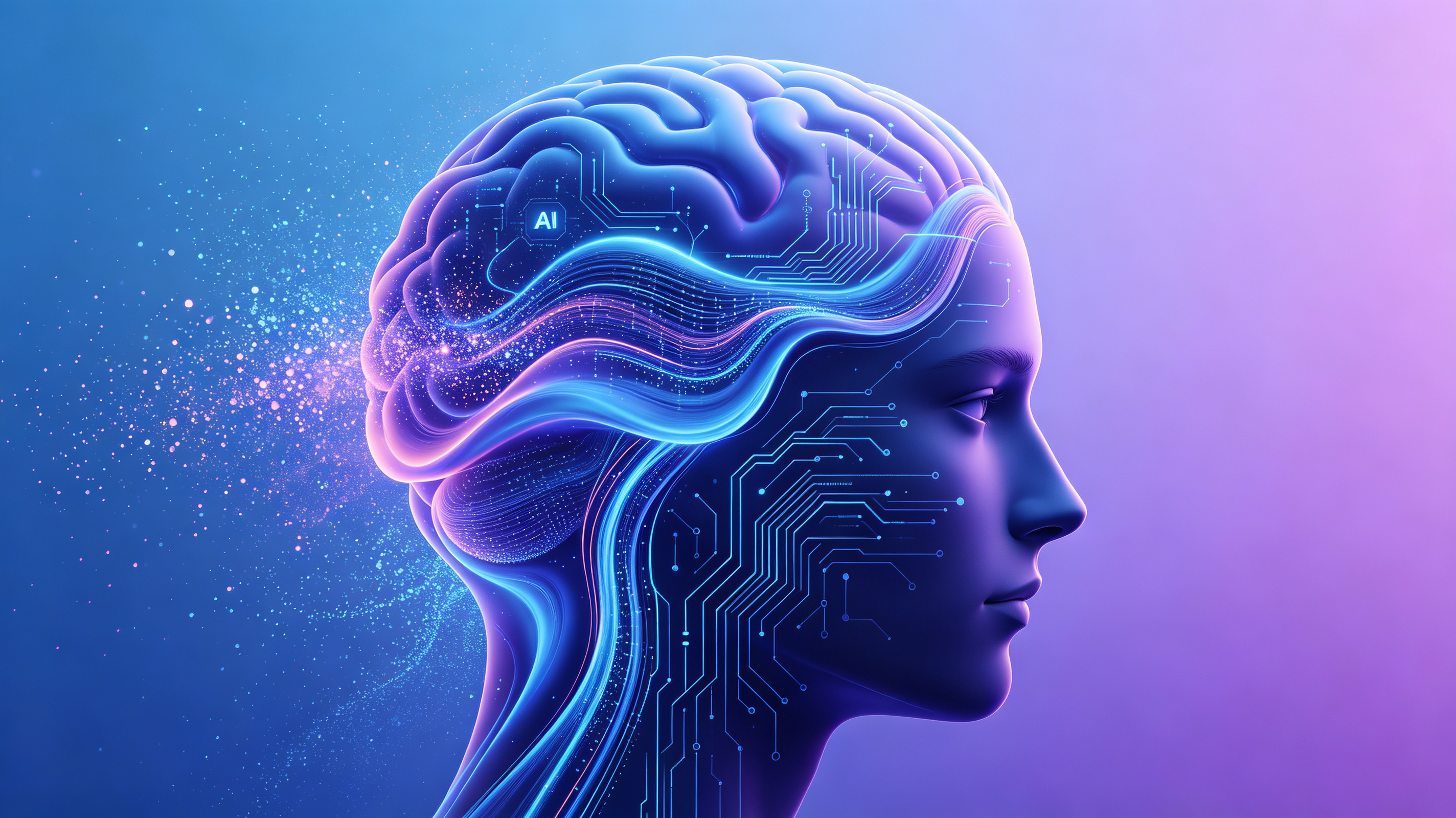 人类思维与AI神经网络融合的抽象概念图