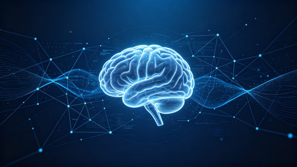 AI Agent概念封面图：发光的AI大脑与网络节点交织