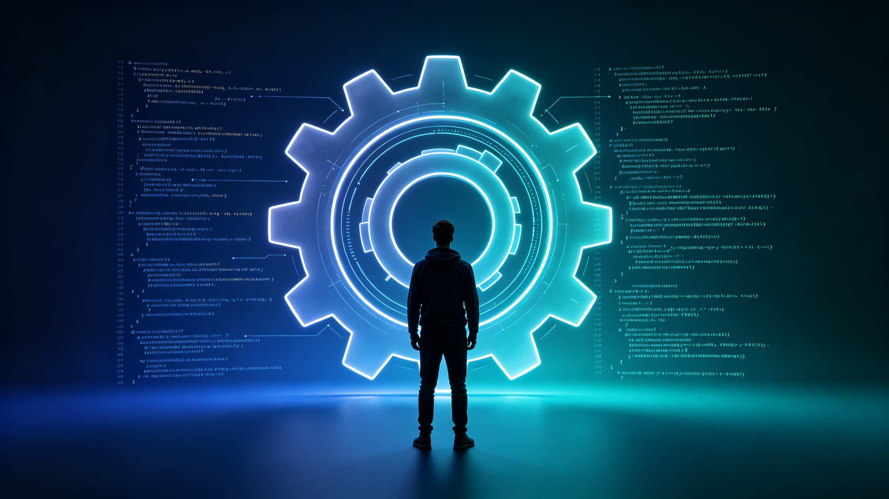 现代前端技术意境：开发者面对发光的齿轮与代码数据流