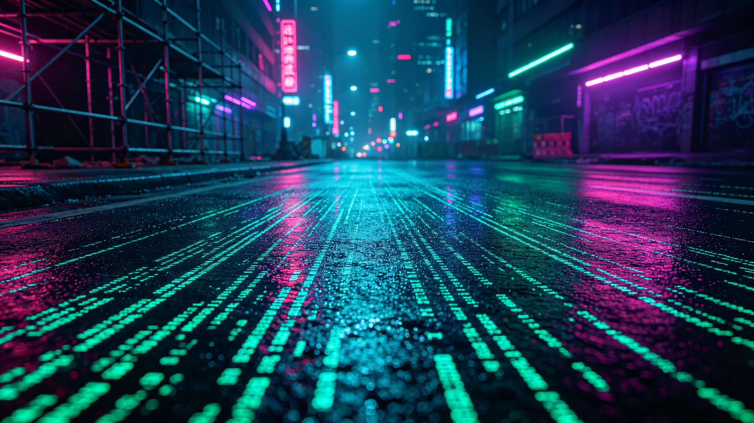 赛博朋克城市夜景中由代码片段铺成的道路，象征认知被反复重写的历程