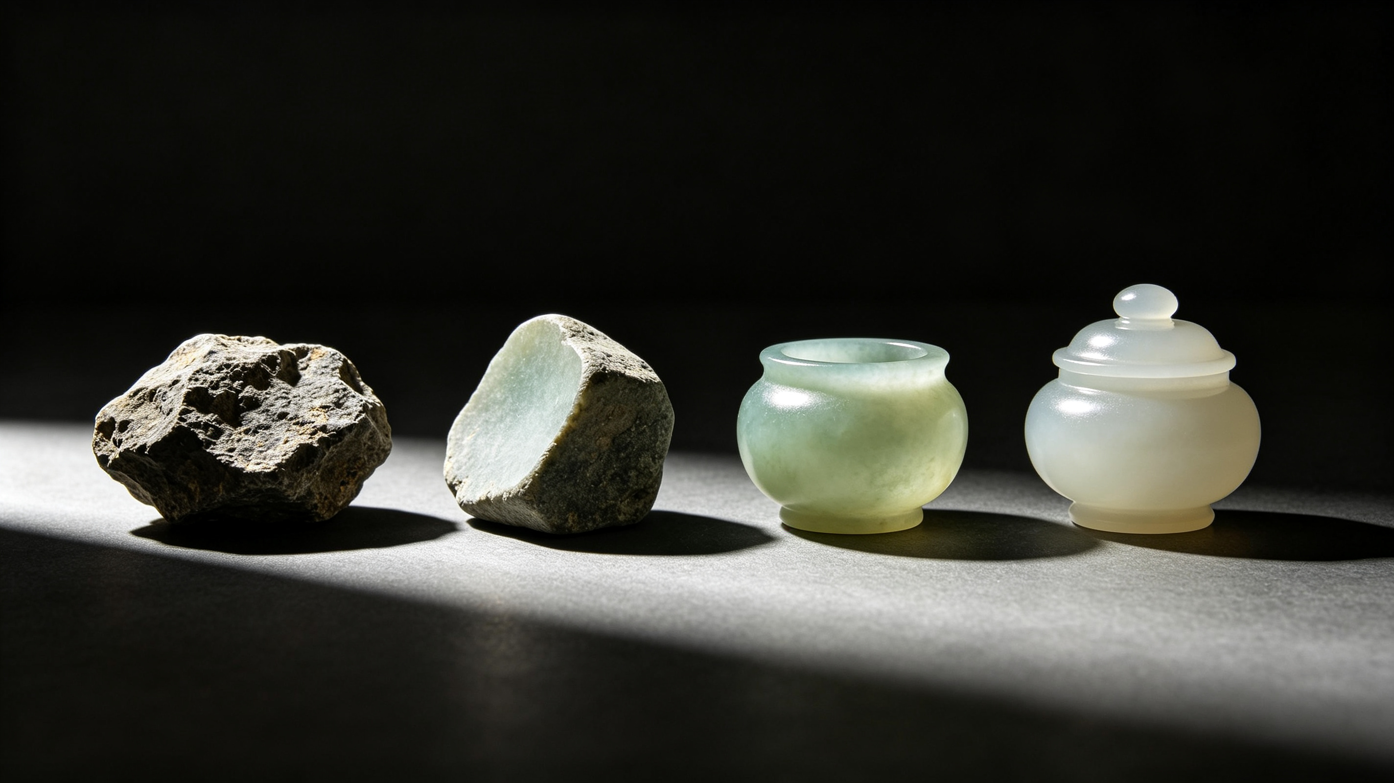 一组从粗糙石块到精雕玉器的渐变序列静物摄影，呈现反复打磨的过程