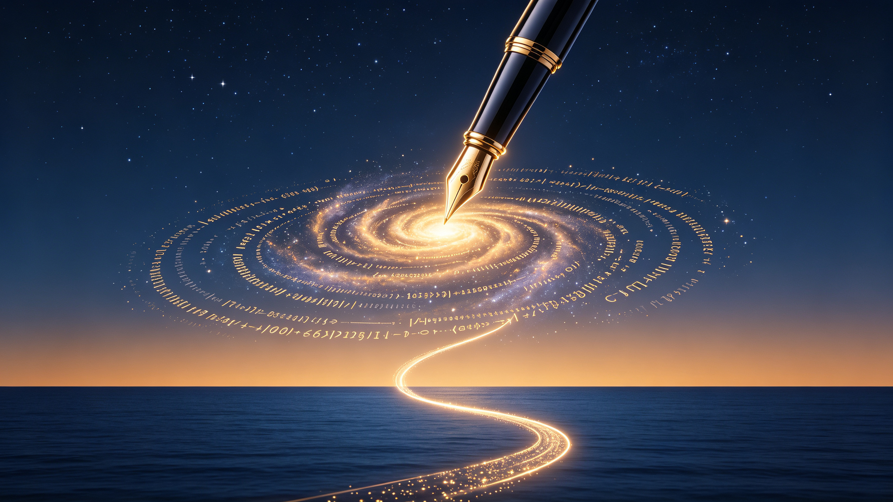发光钢笔悬浮在代码与文字交织的星云之上，寓意写作连接思考